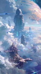 An anime-inspired alien civilization, with towering spires and floating platforms, nestled among the clouds of a gas giant moon, Generative AI