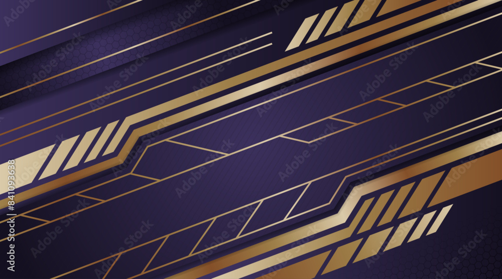 Poster Abstract geometric purple background design template. Horizontal layout use hexagon and diagonal line pattern. gold gradient diagonal shape element. horizontal layout with shadow effect.