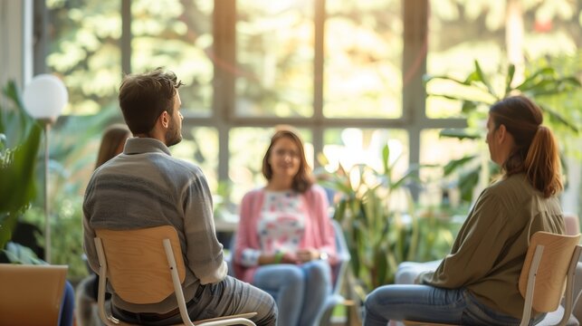 A group therapy session for those with multiple sclerosis offers support in a warmly lit, natural light-filled room.