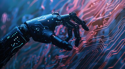 Futuristic human hand digital touching circuit digital technology AI generated image