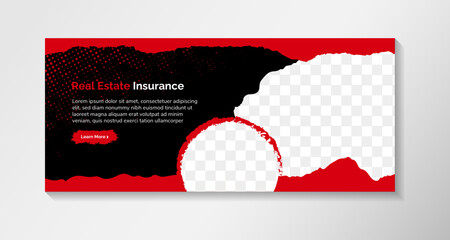 Real Estate insurance Banner. Webpage Banners Design. Website Online cover Template for Real Estate Business. dot circle pattern element in black background. horizontal layout with space for photo