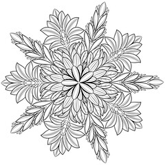 Floral Mandala isolated design on white background. Intricate Symmetrical Floral Design with Detailed Petals and Leaves in Black and White Illustration.