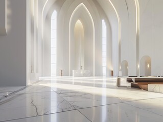Obraz premium A long, white hallway with arched columns and a bright light at the end