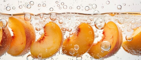 peach in soda bubbles on white background