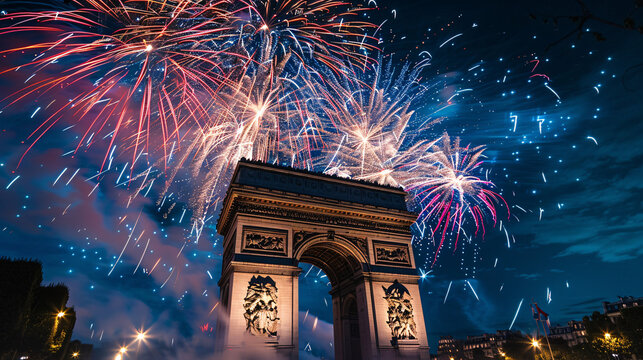 Nighttime view of a city street filled celebrating Bastille Day, illuminated by festive lights and fireworks