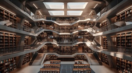 Fototapeta premium An open library with bookshelves in intricate patterns resembling affiliate links creates a captivating experience.
