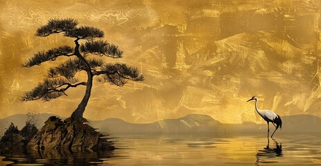 Japanese style painting on the wall of a pine tree and crane by the lake, golden yellow background, sunset.