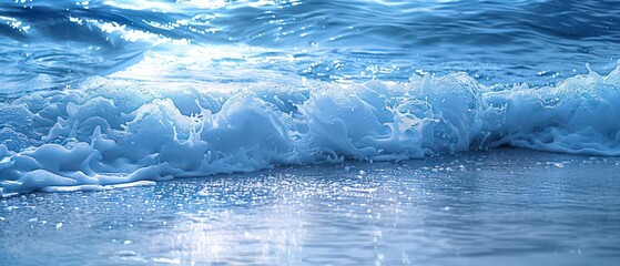 Sea water waves ripple under a clear blue sky, creating a peaceful and picturesque coastal view
