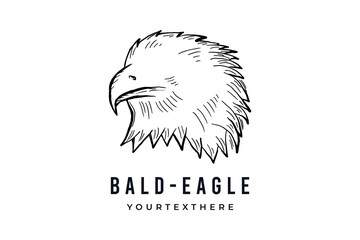 Bald eagle head bird, hand drawn line sketch drawing vector logo illustration