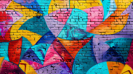 Colorful Geometric Graffiti On Brick Wall In Urban Setting