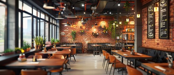 restaurant design, modern contemporary industrial design with red brick walls, black painted steel