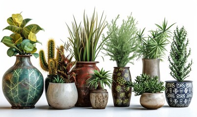 collection Set of different styles of retro vantage and modern vase and interior plants pots furniture cutouts isolated on white background - Generative AI 