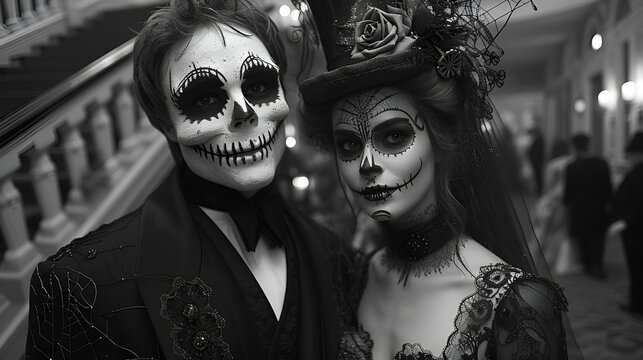 Monster’s Ball - Halloween costume party - spooky - scary - retro vibe - classical feel - black and white photo - retro style - skeleton - skull