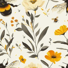 Meticulous illustration of a bee in flight, captured mid-hover as it searches for the next flower to pollinate. Minimal pattern banner wallpaper, simple background, Seamless,