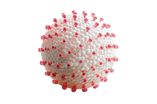 A virus particle with a spherical structure and red spikes, representing a microscopic view of a pathogen.