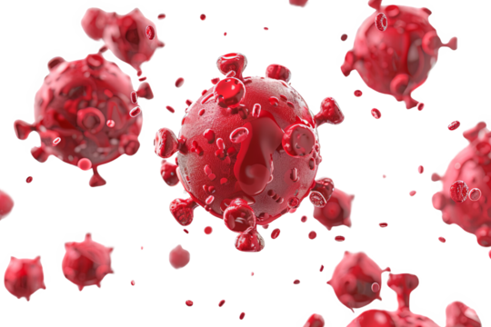  red virus cells on a white background, symbolizing the microscopic view of viruses or bacteria causing infections.