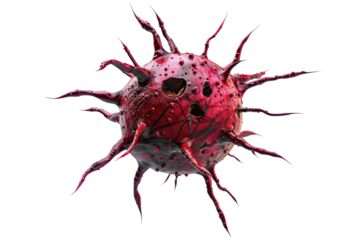 Close-up of a red virus cell isolated on a white background, showcasing its surface spikes and irregular shape.
