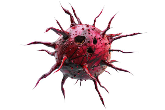 Close-up of a red virus cell isolated on a white background, showcasing its surface spikes and irregular shape.