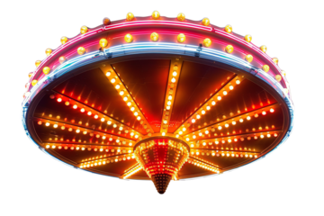 Colorful amusement park ride illuminated with vibrant lights against a dark background, highlighting the excitement of carnival attractions.