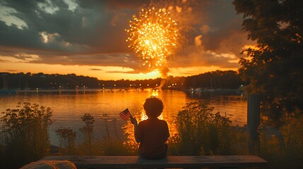 July 4th - Independence Day celebration - young boy waving an American flag while watching fireworks over a lake - natural light - patriotism 