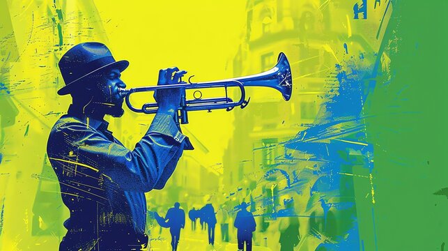 A musician is playing the trumpet on a street corner. The image is in a blue and yellow color scheme. The background is a blurred cityscape.