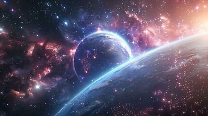 Obraz premium A surreal 3D image of a planet surrounded by an aura light, with bright constellations shining in the vastness of space.