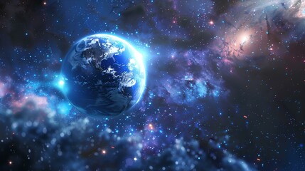 A surreal 3D image of a planet surrounded by an aura light, with bright constellations shining in the vastness of space.