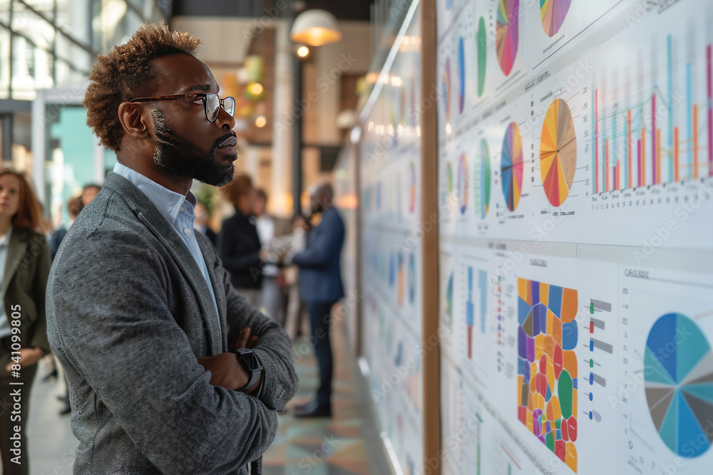 Poster a man in a gray jacket looks at a wall of graphs. the graphs are colorful and show different data po