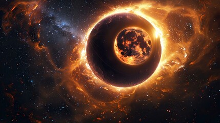 Naklejka premium A 3D depiction of an eclipse in space, with the moon casting a strange light and an aura around the sun, set against a sky full of constellations.