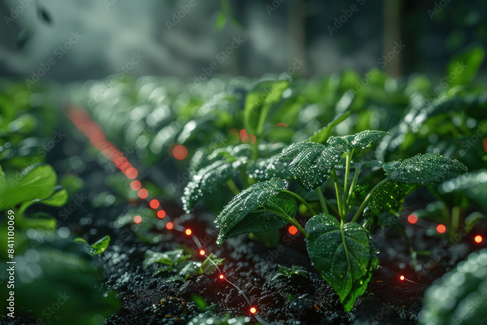 Poster a field of green plants with red lines running through them