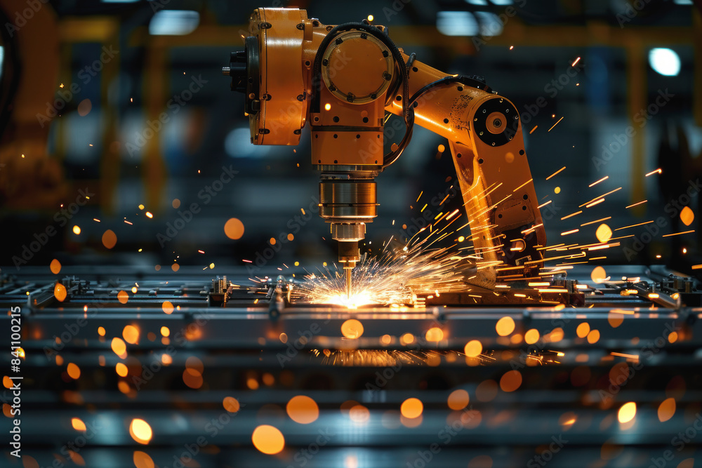 Aufkleber a robot is cutting metal with sparks flying. the scene is intense and action-packed. the robot is a 