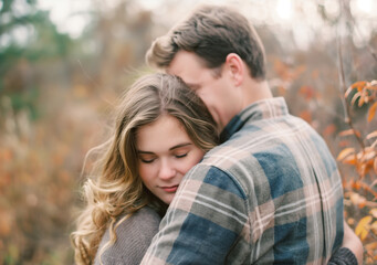 Fototapeta premium A couple embraces tenderly outdoors, with the woman closing her eyes and the man leaning his head against hers. 