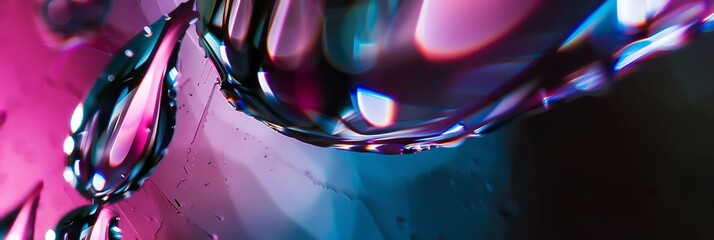 extreme macro photo of clean polished glass, edges with light from four different colors, depth of field, blurred, dark pink and dark green, blur background, natural colors, aspect ratio 3:1, banner,