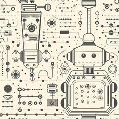 An intricate drawing of a toy robot, with gears and wires exposed, inspiring curiosity and interest in science and technology. Minimal pattern banner wallpaper, simple background, Seamless,