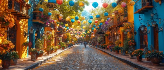 Colorful Street with Hanging Lanterns and Flowering Plants in a Vibrant Urban Setting