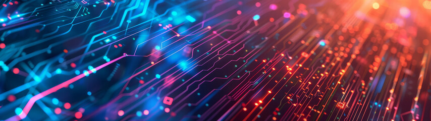 Abstract Digital Circuitry Illuminated With Red and Blue Lights