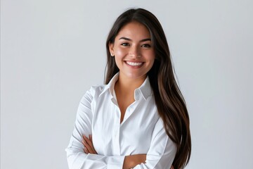 A smiling woman in white shirt and pants.