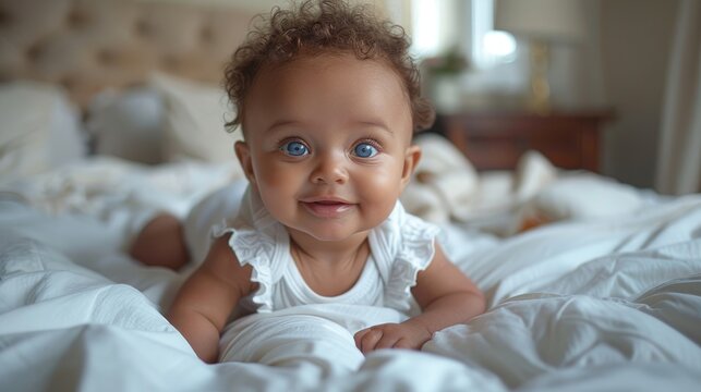 Childcare Concept. Portrait of cute little African American baby wearing bodysuit lying on white beed sheets at home. Black infant child crawling on bed in the bedroom.