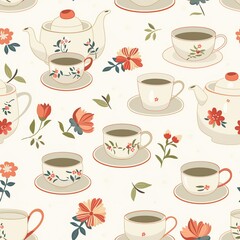 A charming depiction of a tea set with cups, saucers, and a teapot, inviting children to host elegant pretend tea parties. Minimal pattern banner wallpaper, simple background, Seamless,