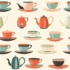 A charming depiction of a tea set with cups, saucers, and a teapot, inviting children to host elegant pretend tea parties. Minimal pattern banner wallpaper, simple background, Seamless,