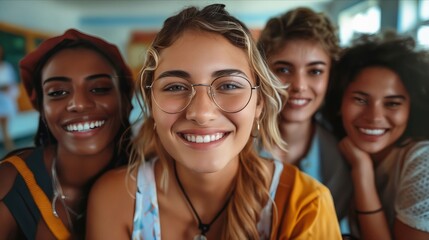 Fototapeta premium A group of young people smiling in a classroom.