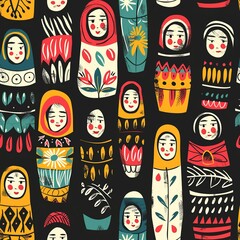 A whimsical line drawing of a set of nesting dolls, with each doll painted in vibrant colors and intricate designs, representing unity and tradition. Minimal pattern banner wallpaper, simple