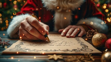 Close up of Santa Claus hands writing letter on Worden desk with copy space 