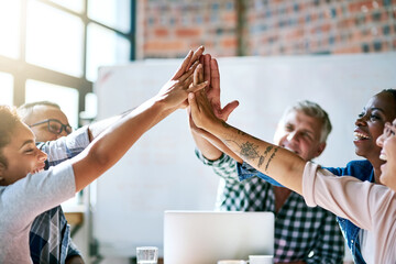 Business people, high five and excited at meeting, celebration and connection in support with diversity. Men, woman and solidarity in scrum with teamwork, synergy and link with motivation at startup