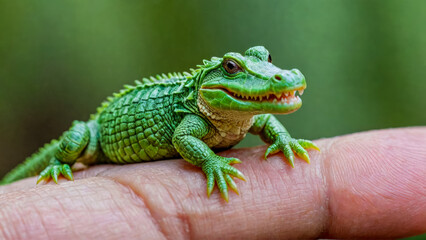 Fototapeta premium Tiny crocodile sitting on top of finger, macro shot, in style of fantasy realism, miniature, on green blurred background. Cute animal. Close-up. Copy space.