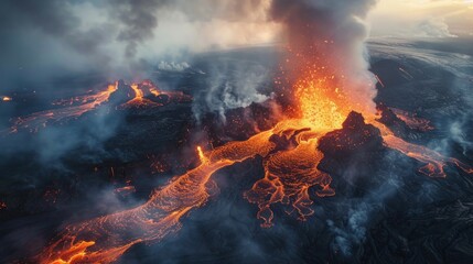 Aerial shot capturing the dynamic movement of lava flowing across the Icelandic landscape, highlighting the raw power and beauty of volcanic activity. AI Generative