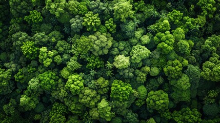 Naklejka premium Aerial view of dense tree tops forming a lush, verdant forest canopy, symbolizing tranquility and the bounty of nature, with rich green hues. AI Generative.