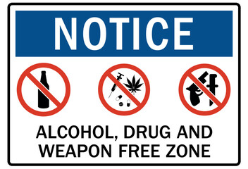 No weapon allowed sign alcohol, drug and weapon free zone