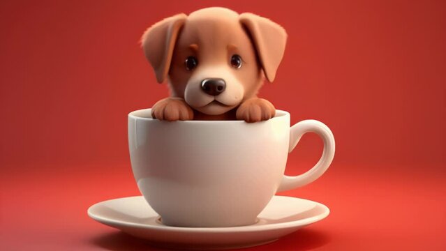 An adorable puppy peeks out from a teacup against a vibrant red background. This charming 3D render is perfect for designs aimed at pet lovers and those who adore cuteness. 