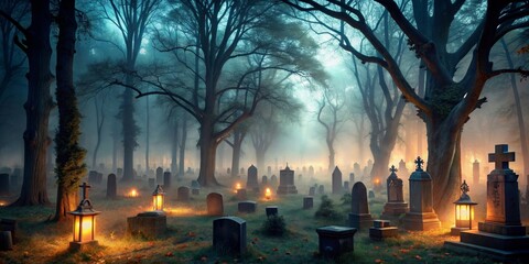Creepy cemetery amongst trees with misty atmosphere at night, cemetery, graveyard, forest, spooky, eerie, mist, darkness